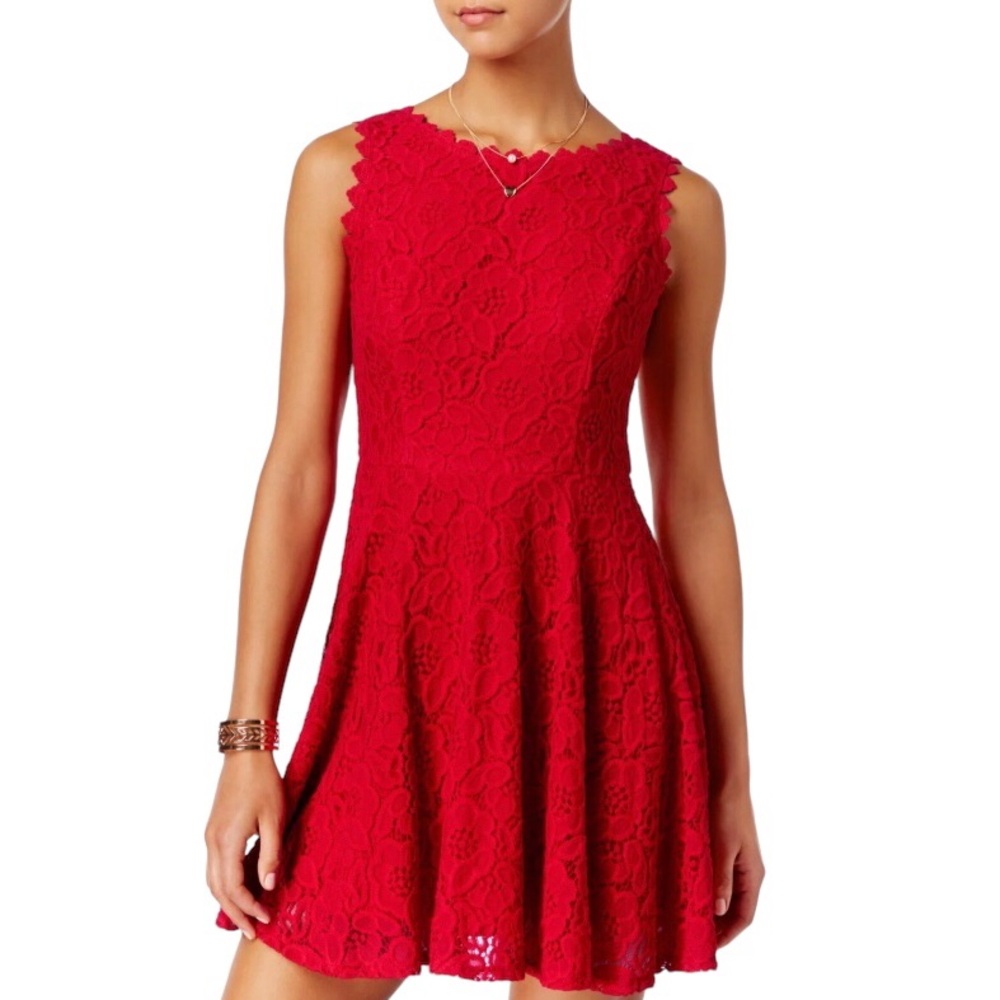 City Studios Juniors' Lace Fit and Flare Dress, Red lace overlay size 1